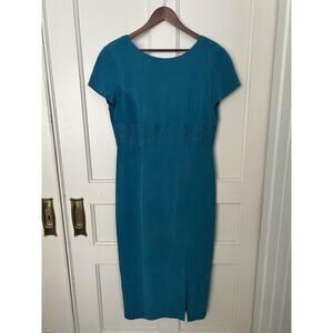 Vintage Talbots Silk Embroidered Midi Sheath Dress Womens Size 10 Blue Classic